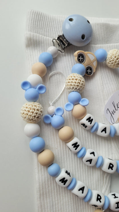 3er Set Schnullerkette Kinderwagenkette & Greifring mit Namen Auto Maus babyblau