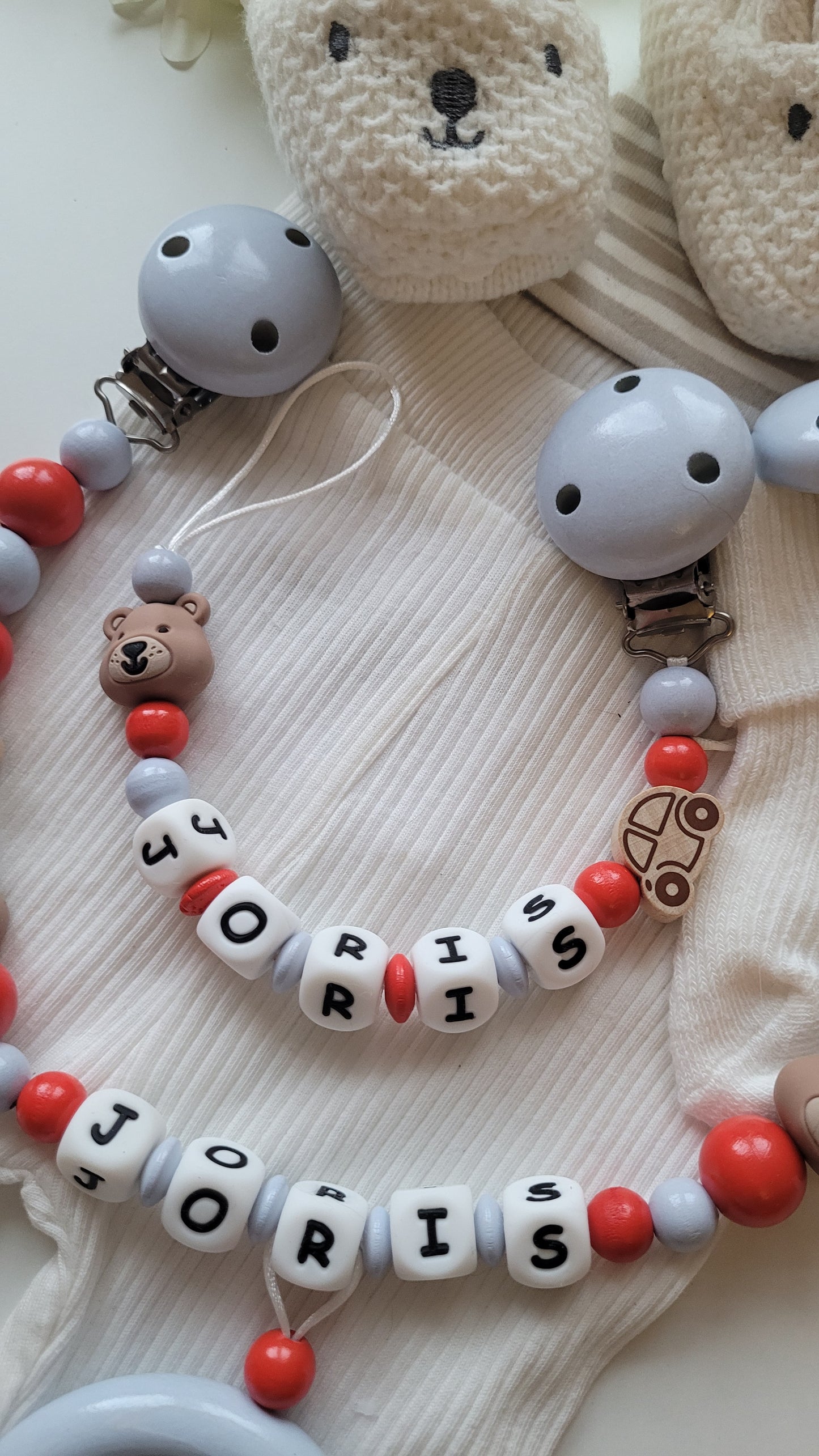 Kinderwagenkette & Schnullerkette mit Namen Bärchen und Auto