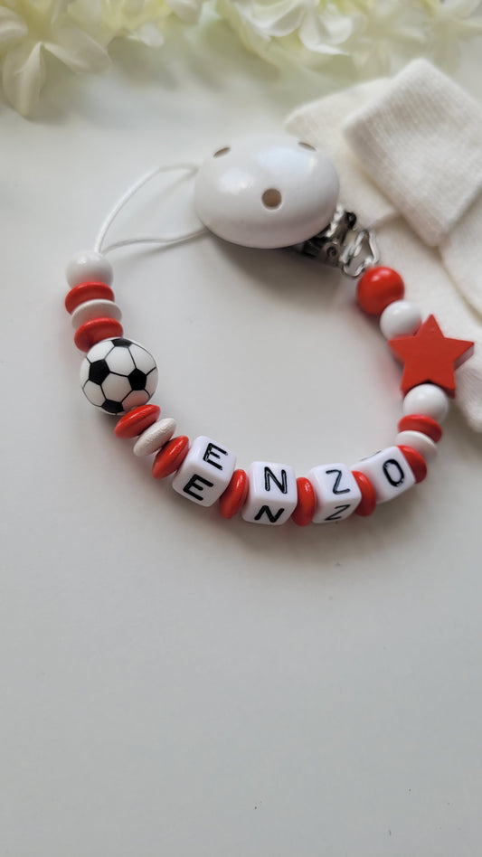 Schnullerkette mit Namen Fussball schwarz rot weiß