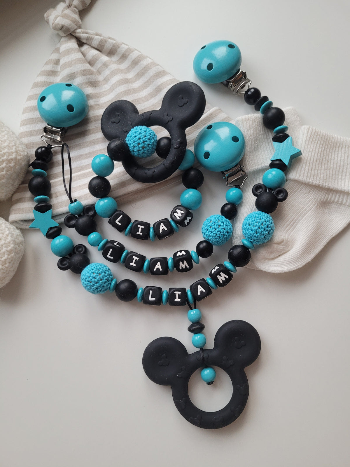 3er Set Schnullerkette Kinderwagenkette & Greifring mit Namen Maus türkis schwarz