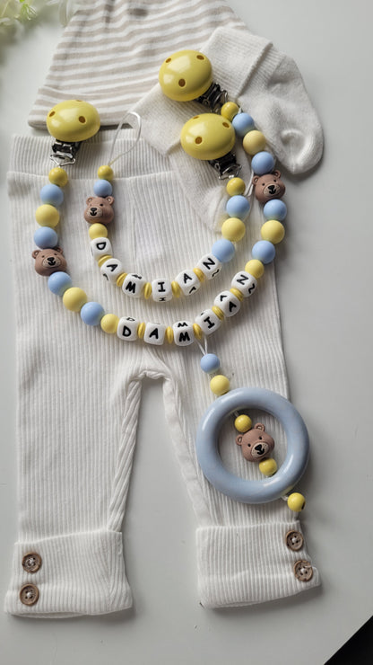 Kinderwagenkette & Schnullerkette Set mit Namen Bärchen buttergelb hellblau Holz Silikon | personalisiert