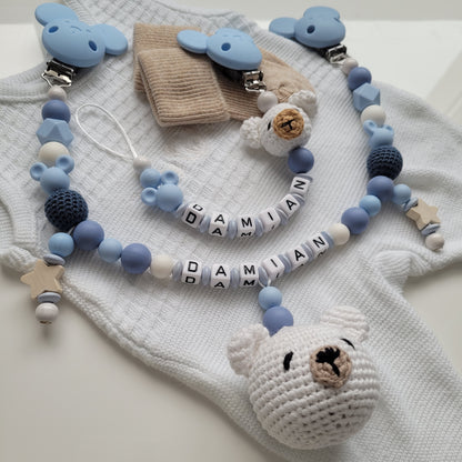 Kinderwagenkette & Schnullerkette mit Namen Teddy und Maus weiss blau