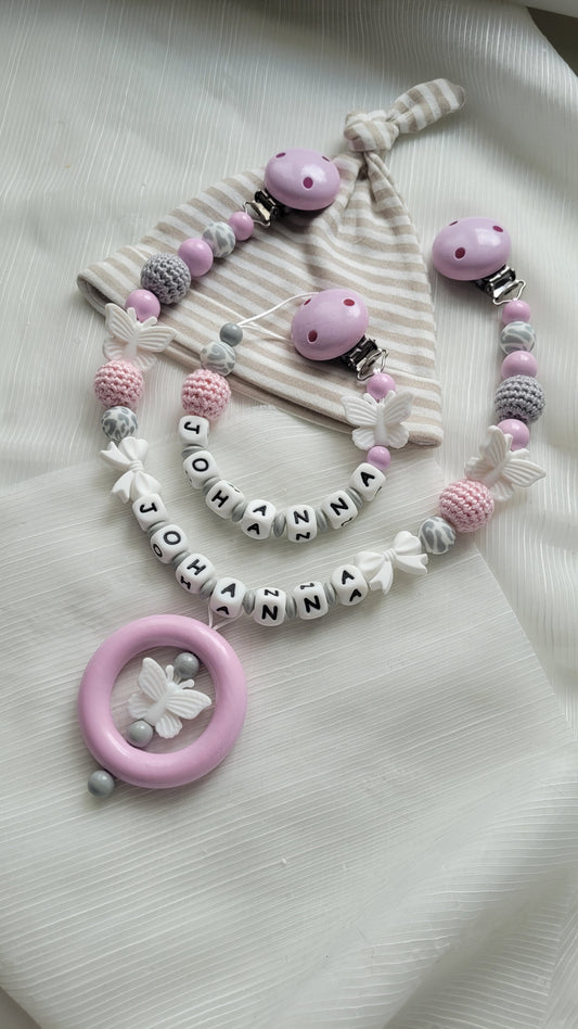 Kinderwagenkette & Schnullerkette mit Namen Mädchen Rosa grau Schmetterling