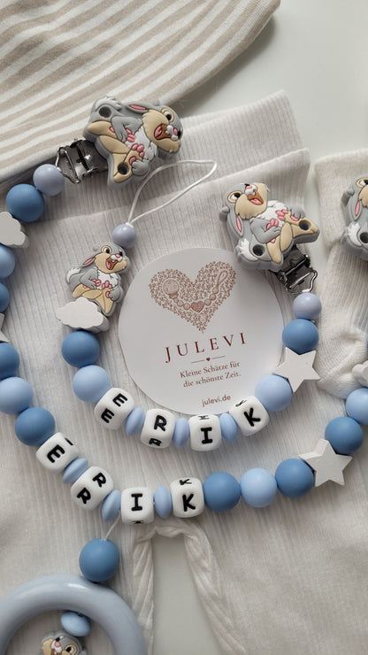 Kinderwagenkette & Schnullerkette Set mit Namen Hase Sterne Wolken blau Silikon Holz | personalisiert