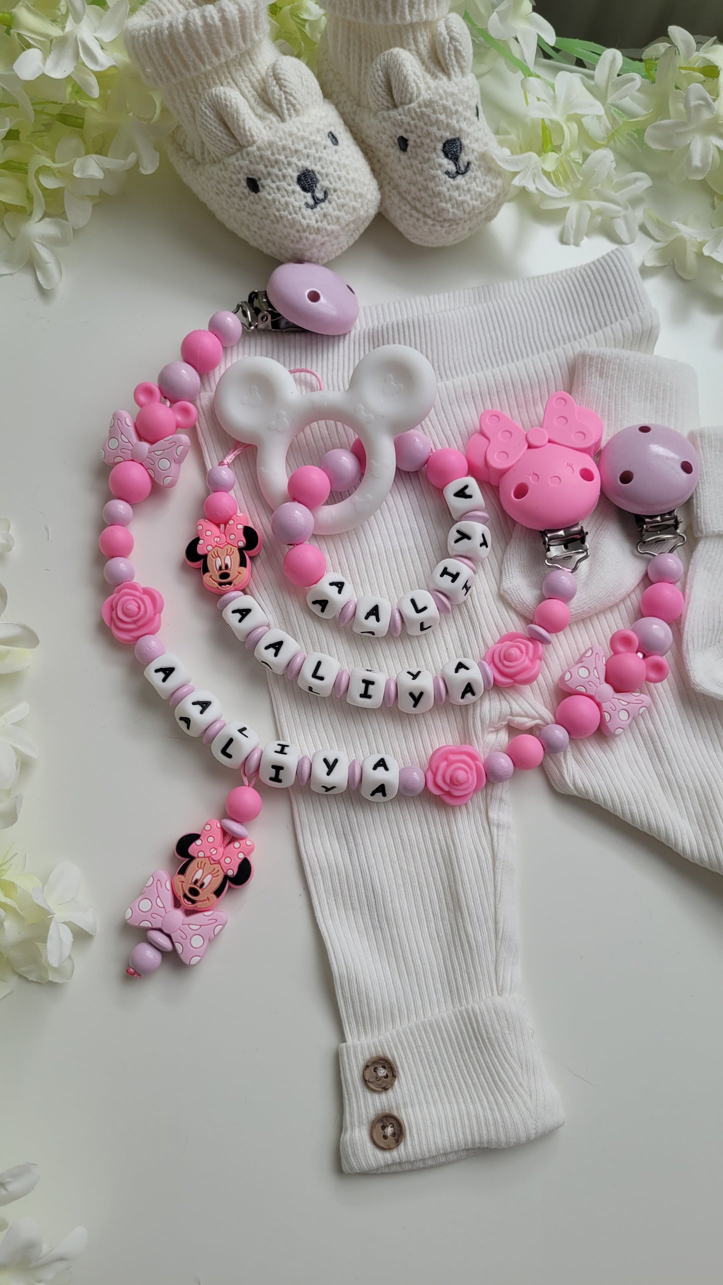 3tlg Set Pink Maus Schnullerkette Kinderwagenkette und Greifring