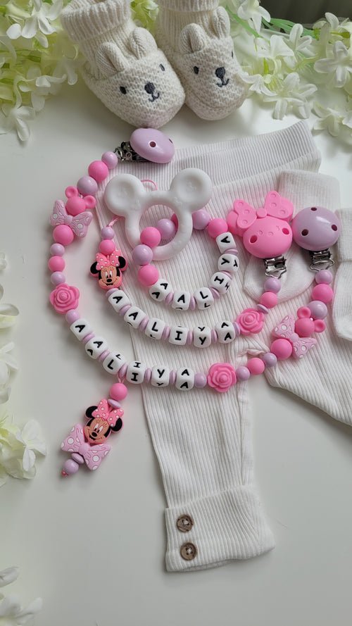 3-teiliges Baby-Set Pink Maus: Schnullerkette, Kinderwagenkette und Greifring in pink und rosa, handgefertigt von JULEVI