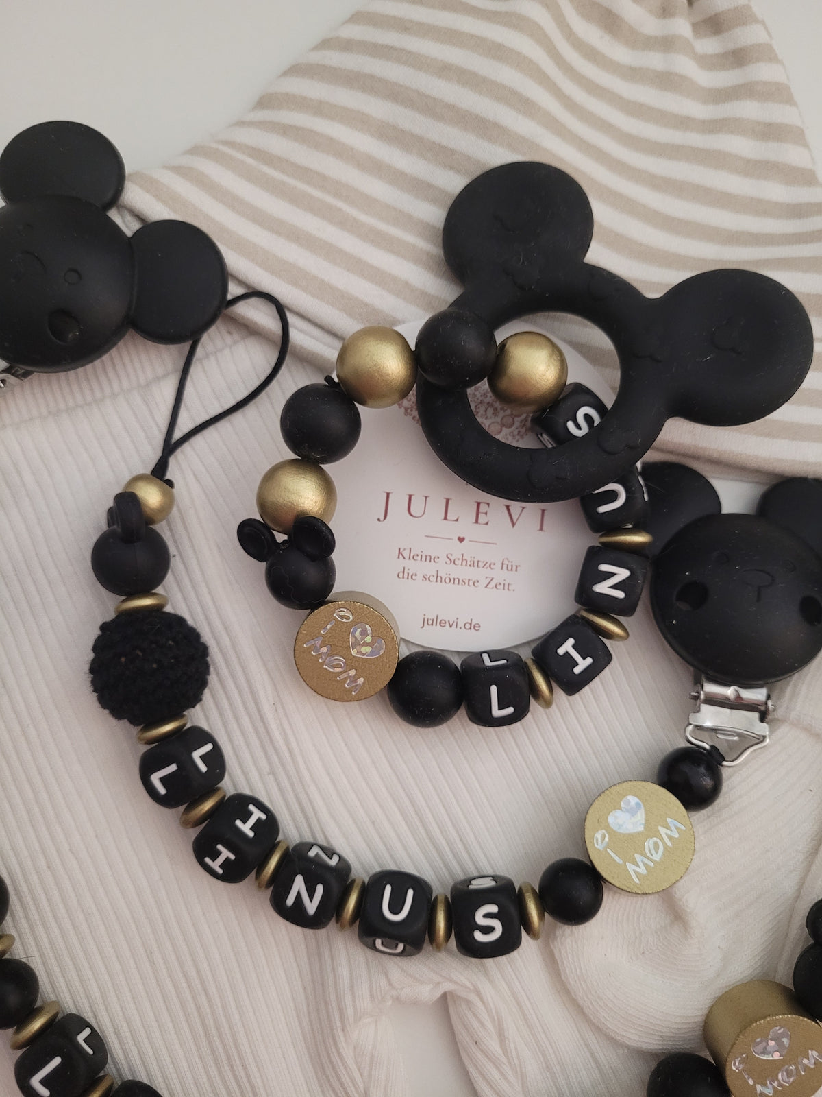 3er Set Schnullerkette, Kinderwagenkette & Beißring mit Namen Maus schwarz gold