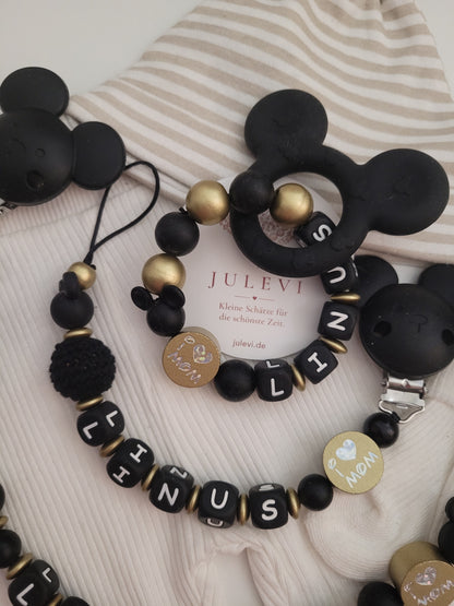 3er Set Schnullerkette, Kinderwagenkette & Beißring mit Namen Maus schwarz gold