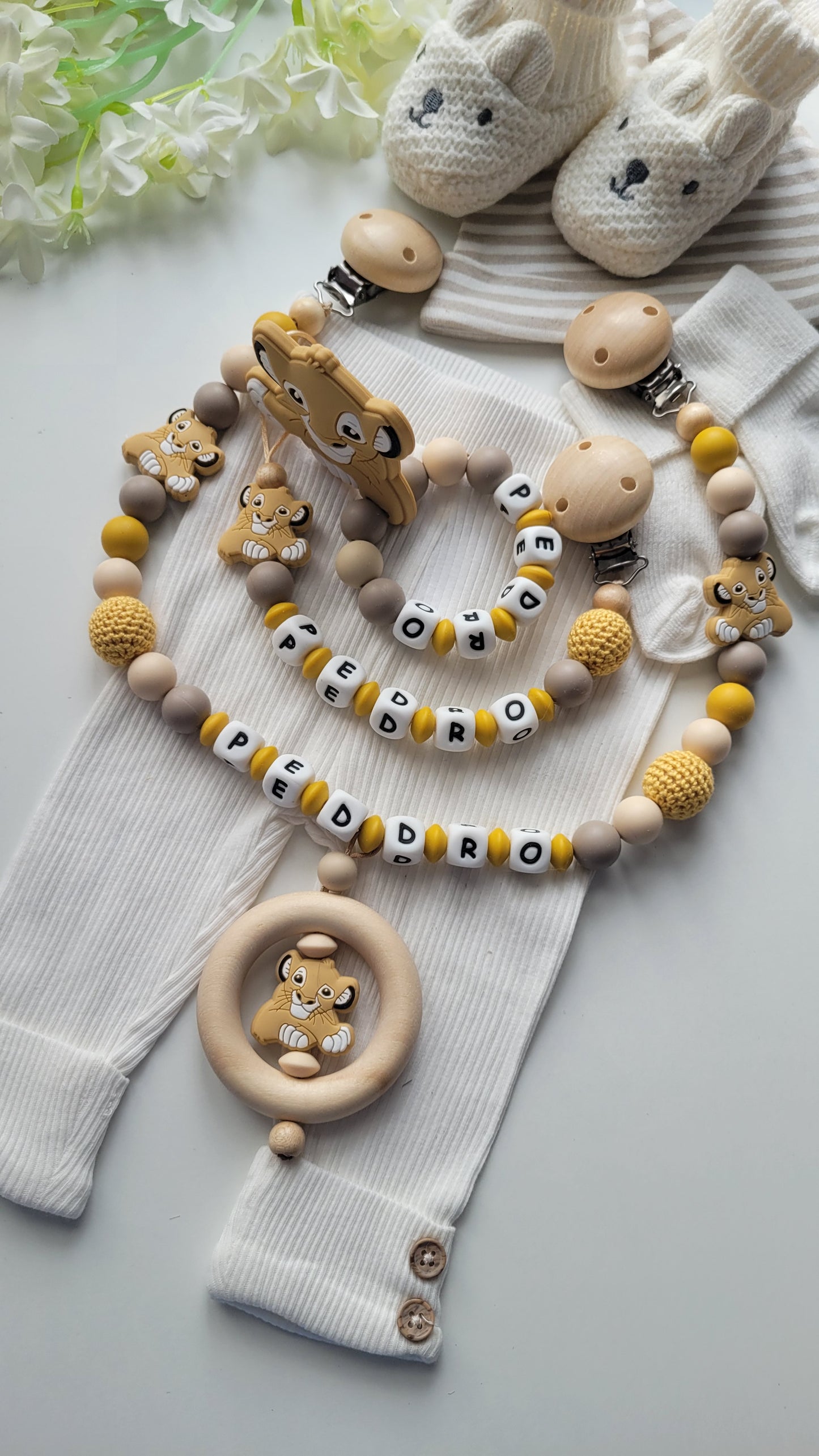 3er Set Schnullerkette Kinderwagenkette & Beissring mit Namen Löwe