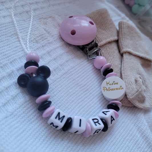 Schnullerkette mit Namen für Mädchen Maus & Kleine Prinzessin rosa schwarz