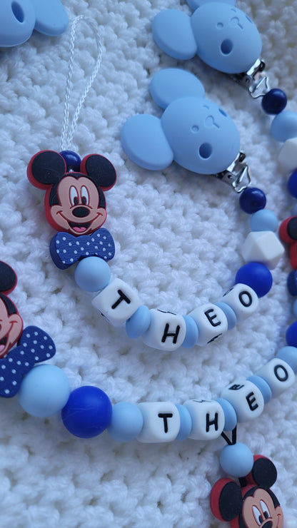 Kinderwagenkette & Schnullerkette mit Namen Maus blau