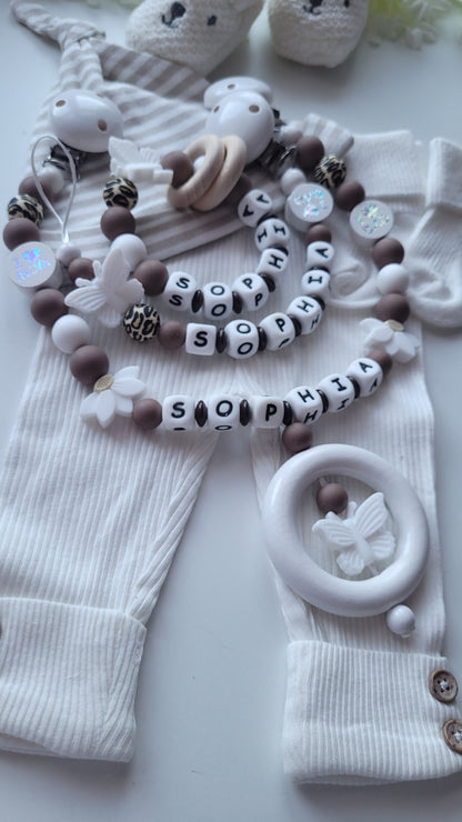 3er Set Schnullerkette Kinderwagenkette & Beissring mit Namen  Schmetterlinge leo weiss braun