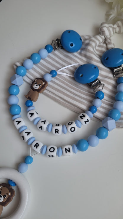 3tlg.Set Schnullerkette Kinderwagenkette & Greifring mit Namen Löwe blau
