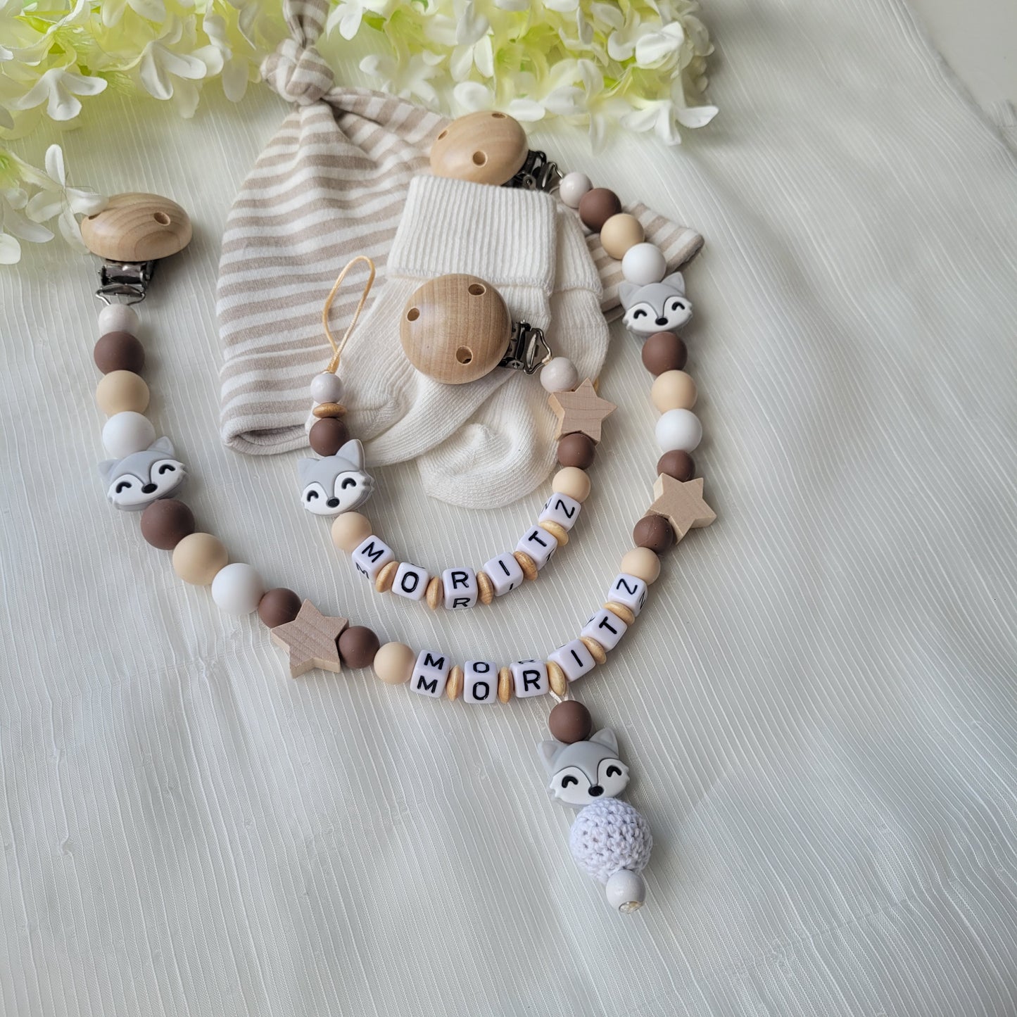 Kinderwagenkette & Schnullerkette Set Baby Fuchs für Jungen dunkelbraun beige weiss holz