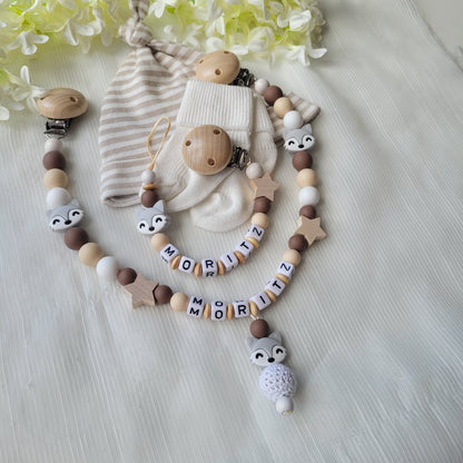 Kinderwagenkette & Schnullerkette Set Baby Fuchs für Jungen dunkelbraun beige weiss holz