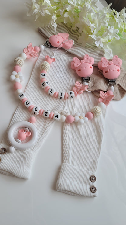 Kinderwagenkette & Schnullerkette mit Namen Schmetterling Maus & Blume rosa