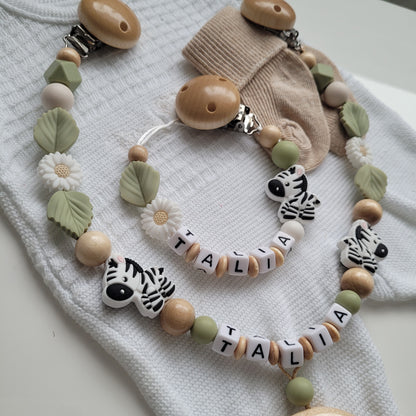Kinderwagenkette & Schnullerkette Set Baby Zebra holz Salbei grün