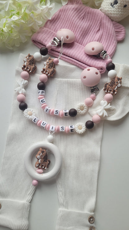 Kinderwagenkette & Schnullerkette mit Namen – Pferd Silikon rosa braun