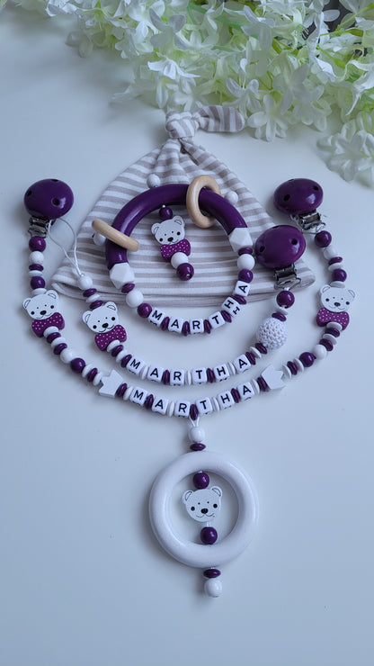 3tlg.Set Schnullerkette Kinderwagenkette & Greifring mit Namen Bärchen pflaume