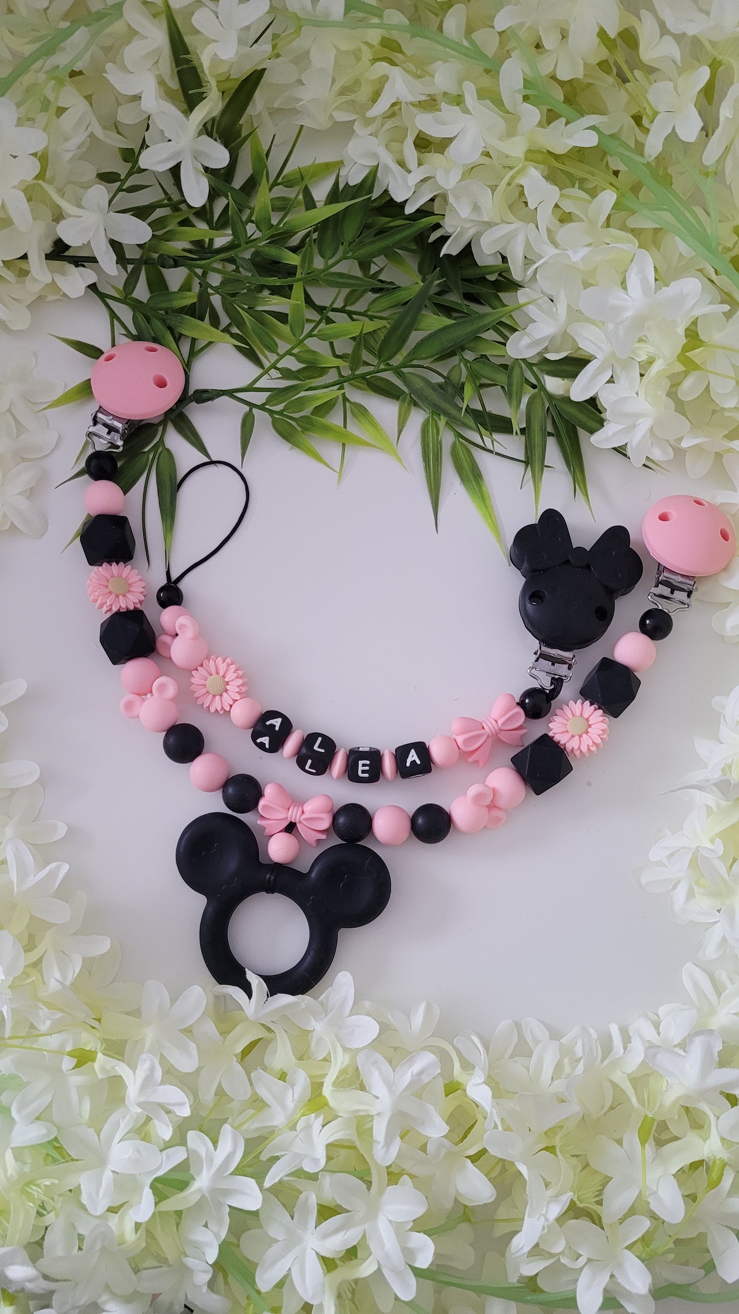Kinderwagenkette & Schnullerkette *Minnie* rosa schwarz
