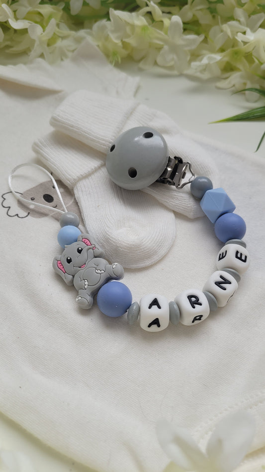 Schnullerkette mit Namen für Jungen Elefant blau
