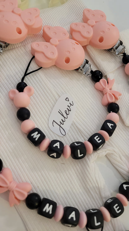 Kinderwagenkette & Schnullerkette Set mit Namen Maus apricot Holz Silikon | personalisiert