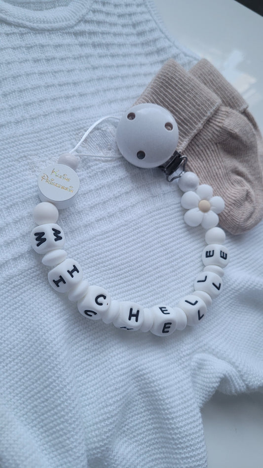 Schnullerkette mit Namen für Mädchen Blümchen Kleine Prinzessin weiß