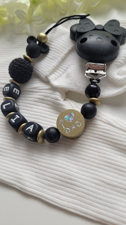 Schnullerkette mit Namen für Mädchen Maus schwarz gold i love Dad/ i love Mom