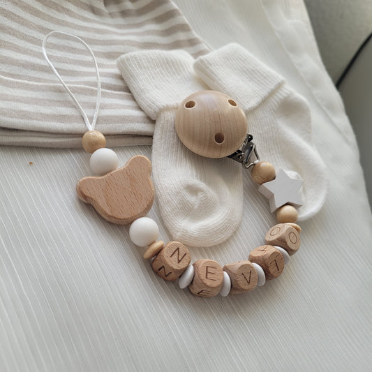 Schnullerkette für Jungen mit Namen Teddy & Stern weiss holz
