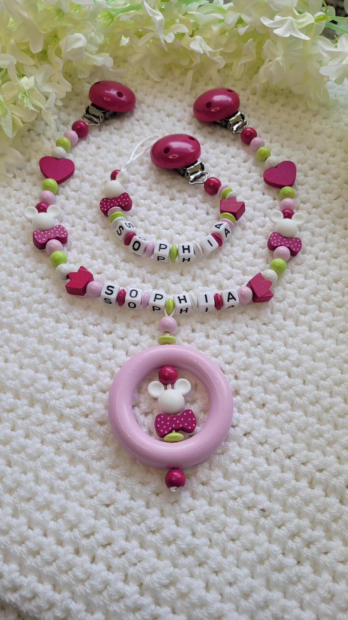 Kinderwagenkette & Schnullerkette mit Namen für Mädchen  Maus pink grün