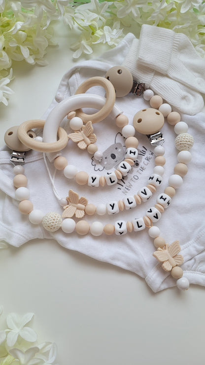 3tlg Set Schnullerkette Kinderwagenkette Greifling Schmetterling beige