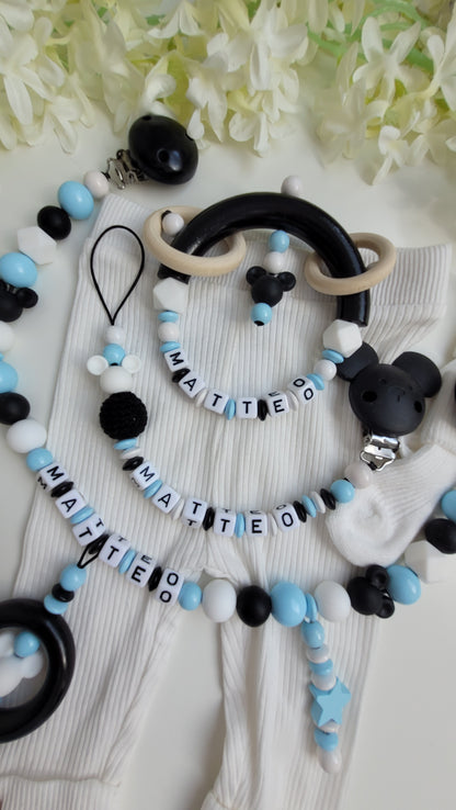 3tlg Set Schnullerkette Kinderwagenkette Greifling Maus blau schwarz