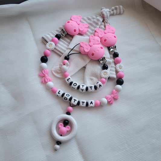 Kinderwagenkette & Schnullerkette mit Namen für Mädchen Maus pink schwarz