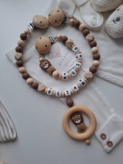 3er Set Schnullerkette Kinderwagenkette & Greifring mit Namen Löwe braun beige Holz