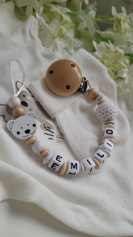 Schnullerkette mit  Namen für Jungen Teddybär holz weiss