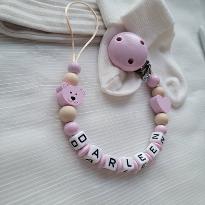 Schnullerkette mit Namen für Mädchen Herz & Teddy rosa beige