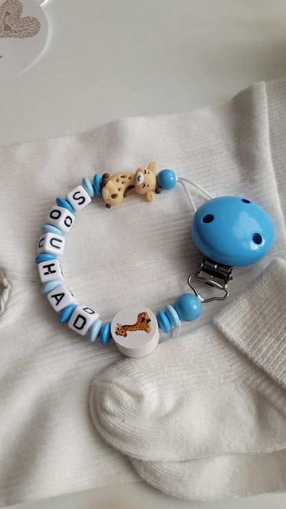 Schnullerkette mit Namen Jungen Giraffe blau | personalisiert
