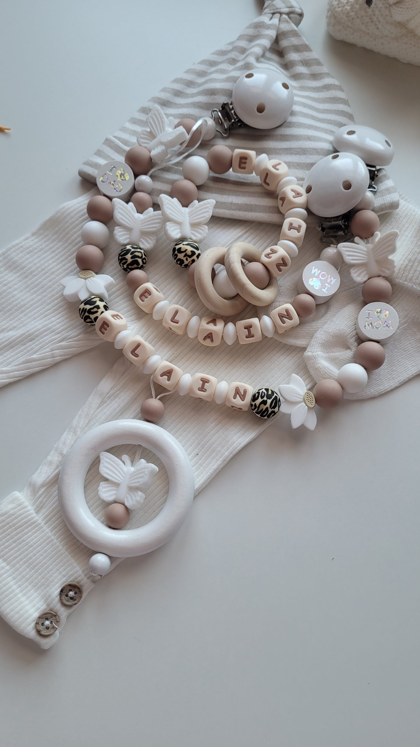 3er Set Schnullerkette Kinderwagenkette & Beissring mit Namen  Schmetterlinge leo weiss taupe