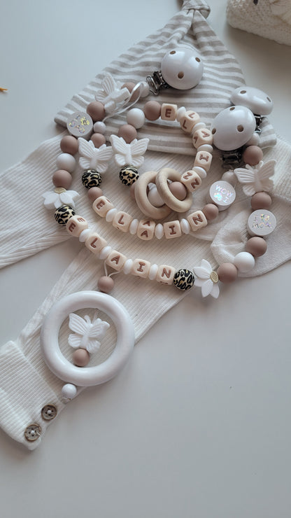 3er Set Schnullerkette Kinderwagenkette & Beissring mit Namen  Schmetterlinge leo weiss taupe