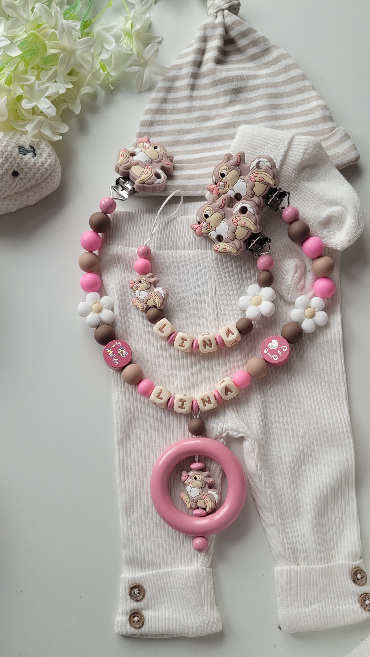 3tlg Set Schnullerkette Kinderwagenkette Greifling Hase pink braun