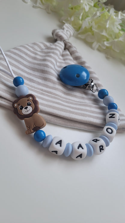 3tlg.Set Schnullerkette Kinderwagenkette & Greifring mit Namen Löwe blau