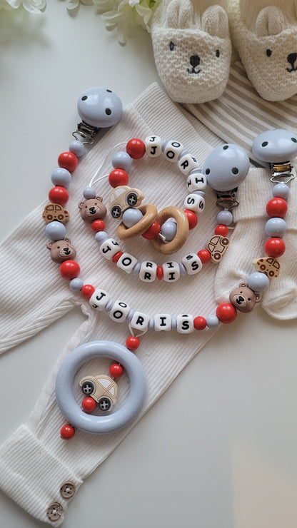 3er Set Schnullerkette Kinderwagenkette & Greifring mit Namen Bärchen Auto