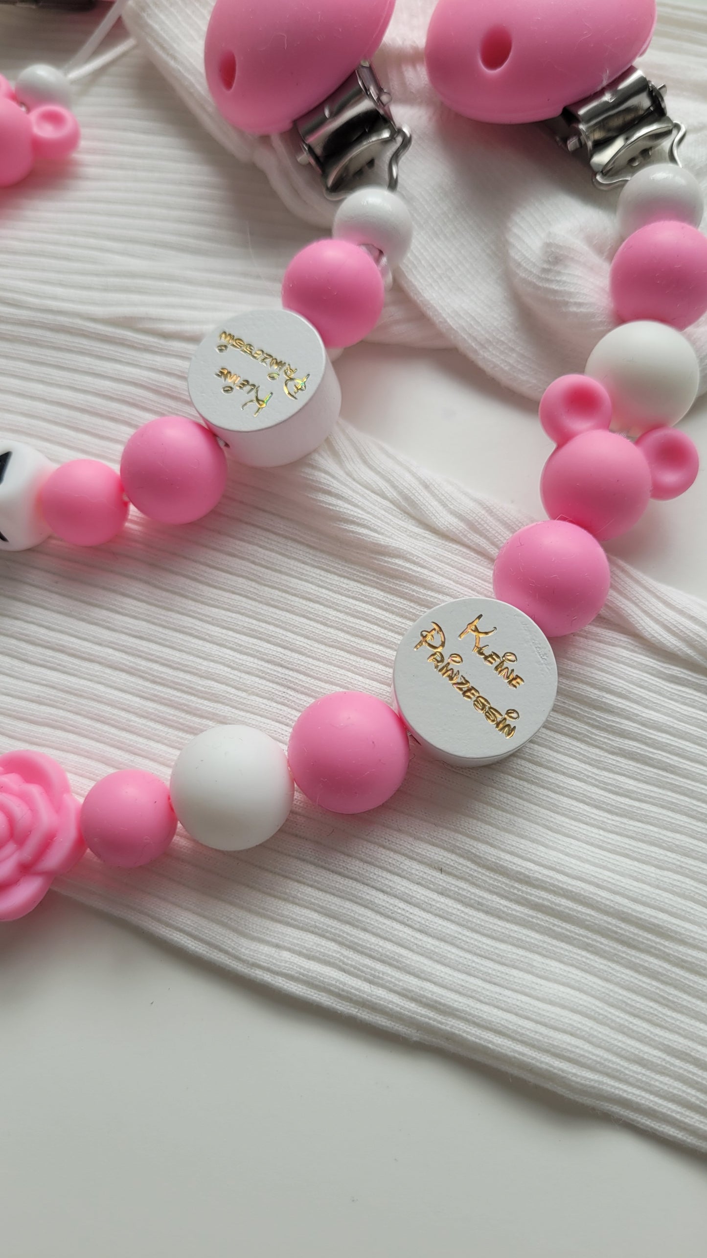 Kinderwagenkette & Schnullerkette mit Namen Minnie Maus kleine Prinzessin