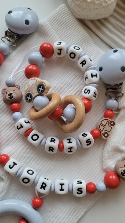 3er Set Schnullerkette Kinderwagenkette & Greifring mit Namen Bärchen Auto