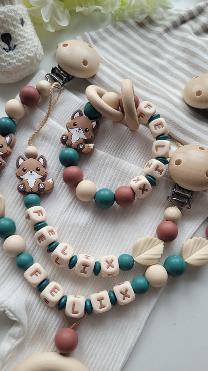 3tlg.Set Schnullerkette Kinderwagenkette & Greifring mit Namen Fuchs petrol beige
