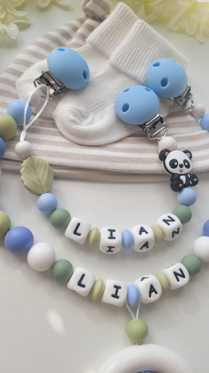 Kinderwagenkette & Schnullerkette mit Namen Panda blau grün weiss