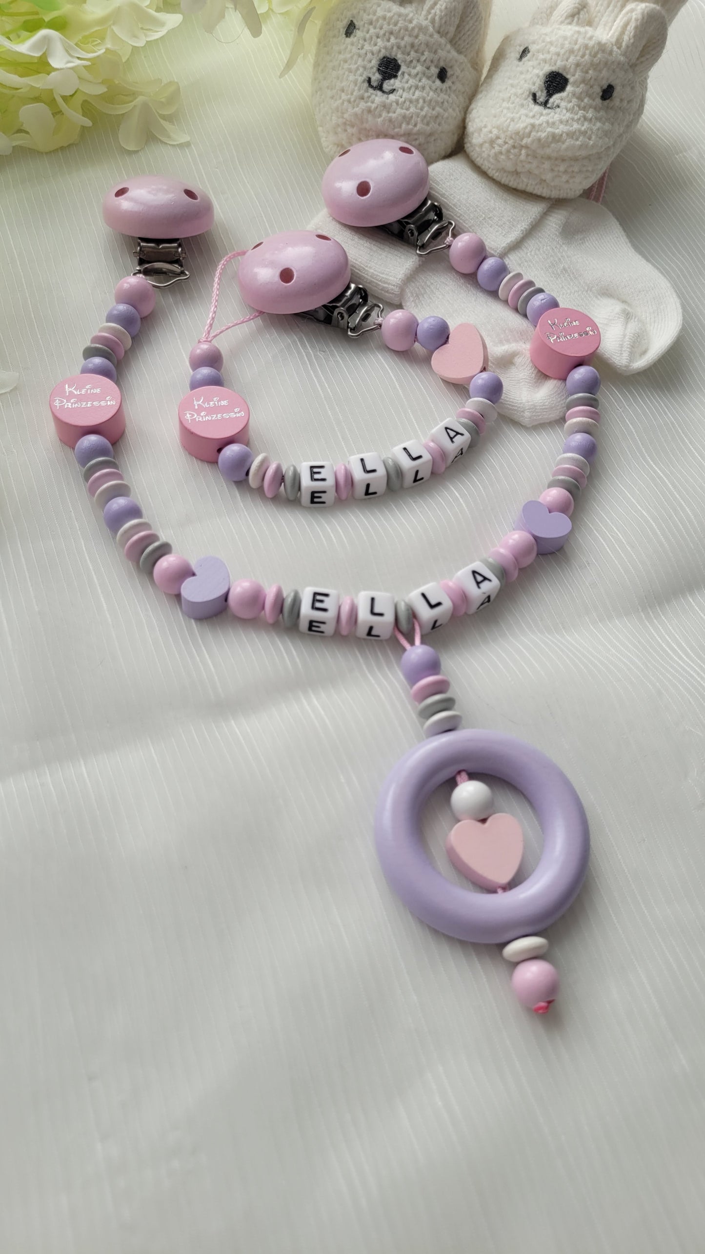 Kinderwagenkette & Schnullerkette mit Namen Kleine Prinzessin rosa flieder