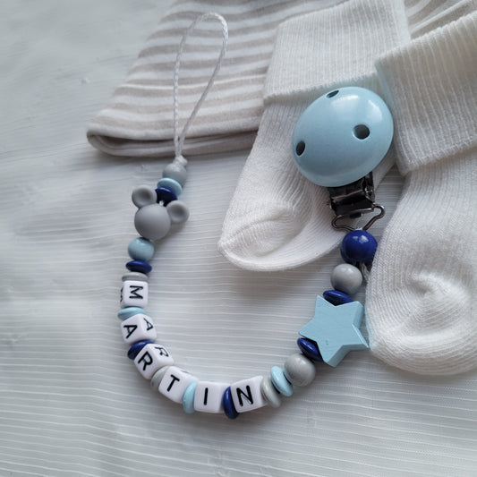 Schnullerkette mit Namen für Jungen Maus & Stern blau grau