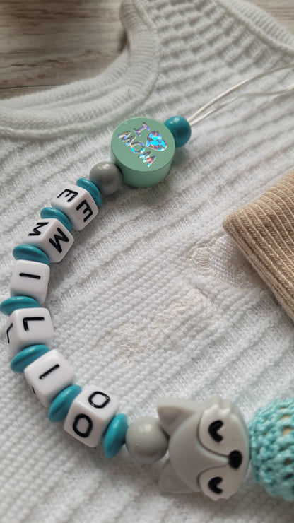 Schnullerkette mit Namen  I love Mom & Dad Fuchs grau türkis