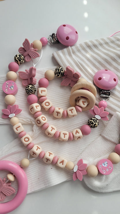 3er Set Schnullerkette Kinderwagenkette & Beissring mit Namen  Blumen &Schmetterlinge beige altrosa